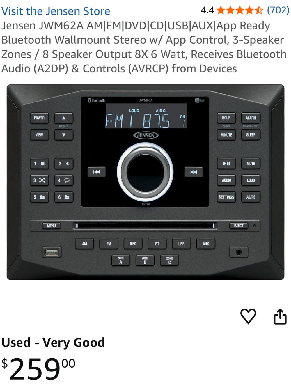 Jensen Black Wall-Mount Bluetooth Car Stereo with app control